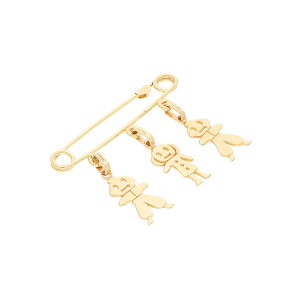 Prendedor diseño especial con colgantes motivo niños en oro amarillo 14 kilates.
