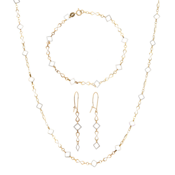 Juego de collar eslabón articulado y aretes motivo cuadros en oro dos tonos 14 kilates.