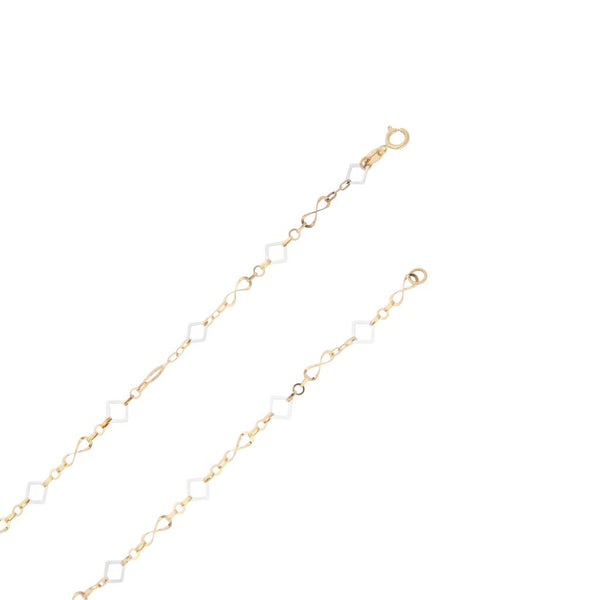Juego de collar eslabón articulado y aretes motivo cuadros en oro dos tonos 14 kilates.