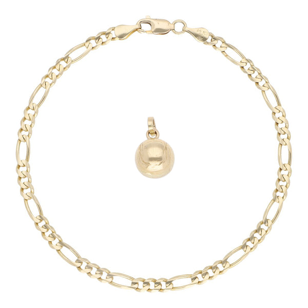 Pulsera de tres eslabones por uno y dije motivo esfera en oro amarillo 14 kilates.