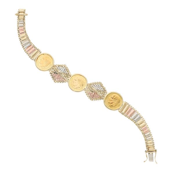 Pulsera eslabón boleado con aplicaciones y tres monedas de dos y medio pesos oro mexicano 21.6 kilates en oro amarillo 14 kilates.