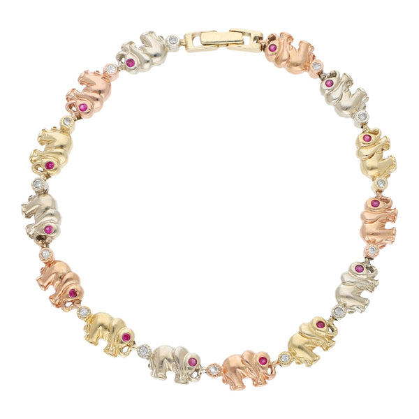 Pulsera eslabón articulado motivo elefantes con sintéticos en oro tres tonos 14 kilates.