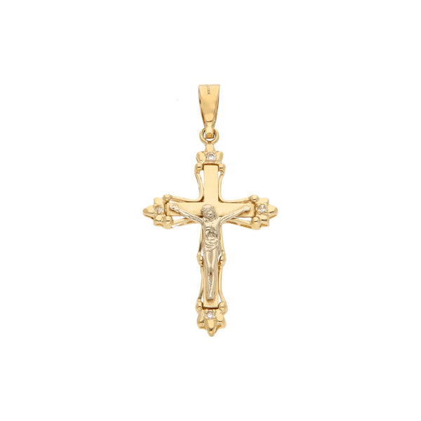 Crucifijo diseño especial con sintéticos en oro dos tonos 14 kilates.