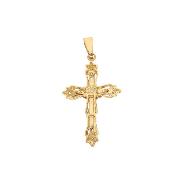Crucifijo diseño especial con sintéticos en oro dos tonos 14 kilates.