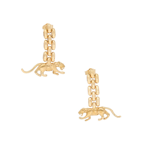 Broqueles articulados con colgante motivo felino en oro amarillo 14 kilates.