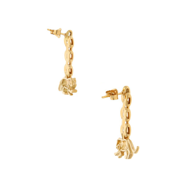 Broqueles articulados con colgante motivo felino en oro amarillo 14 kilates.