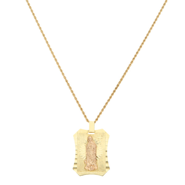 Collar eslabón torzal y medalla labrada motivo Virgen de Guadalupe en oro dos tonos 14 kilates.