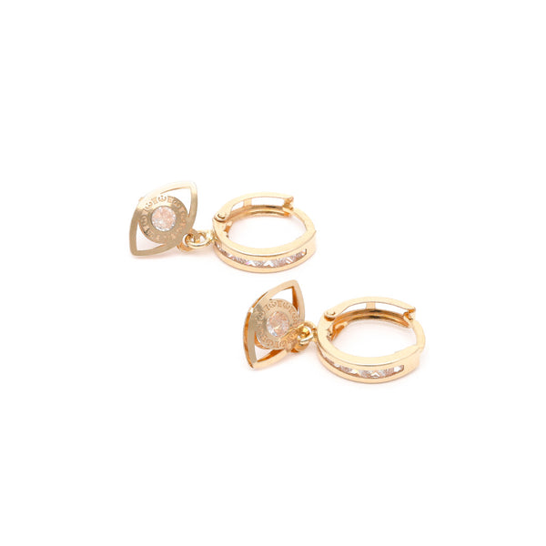 Arracada articulada con sintéticos y colgante motivo ojo en oro amarillo 14 kilates.
