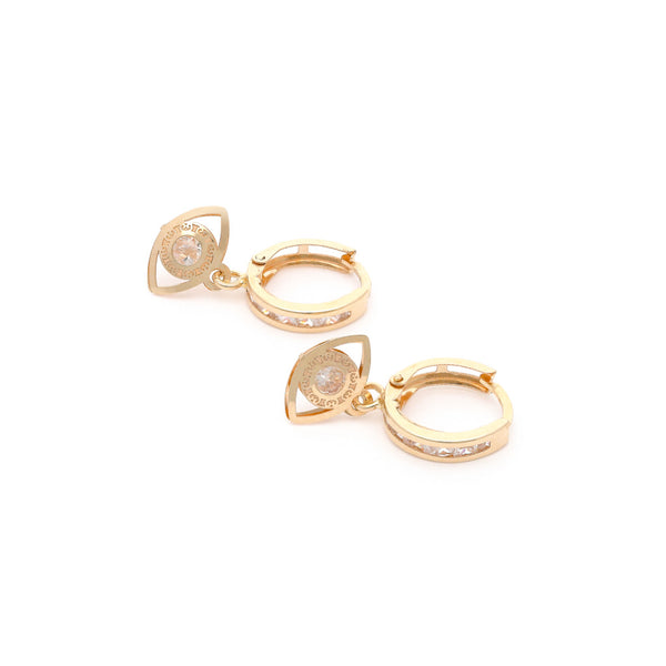 Arracada articulada con sintéticos y colgante motivo ojo en oro amarillo 14 kilates.