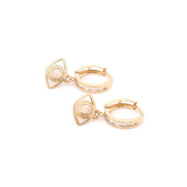 Arracadas articuladas con colgante de sintético en oro amarillo 14 kilates.