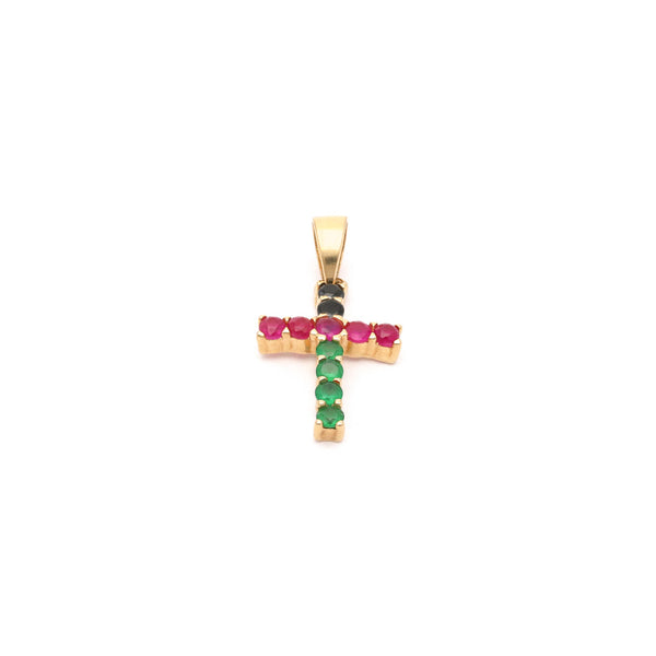 Cruz diseño especial con sintéticos en oro amarillo 14 kilates.