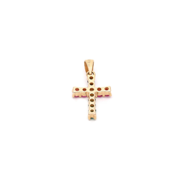Cruz diseño especial con sintéticos en oro amarillo 14 kilates.