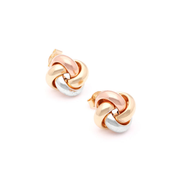 Aretes lisos motivo nudo en oro tres tonos 14 kilates.