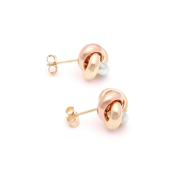 Aretes lisos motivo nudo en oro tres tonos 14 kilates.