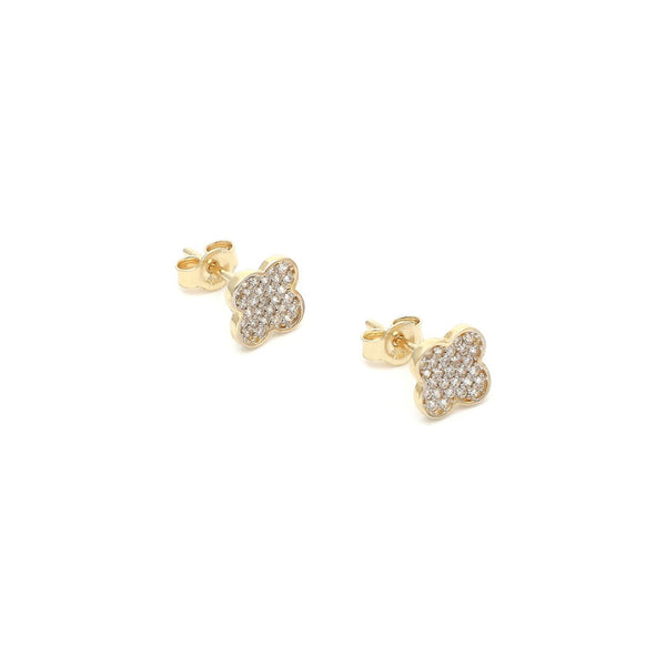 Aretes diseño especial motivo flor con circonias en oro amarillo 14 kilates.