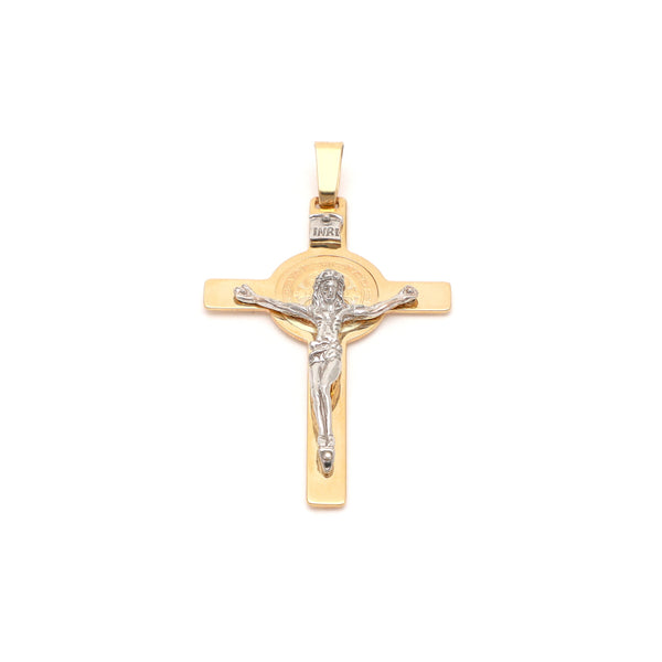 Crucifijo diseño especial motivo San Benito en oro dos tonos 14 kilates.