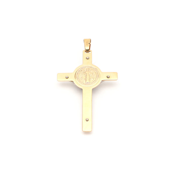 Crucifijo diseño especial motivo San Benito en oro dos tonos 14 kilates.