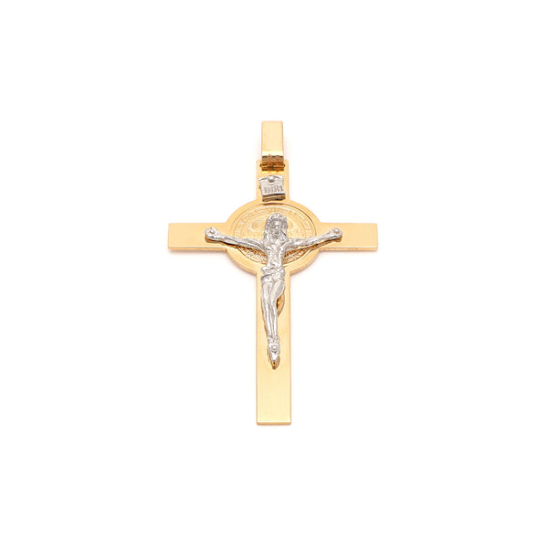 Crucifijo diseño especial motivo San Benito en oro dos tonos 14 kilates.
