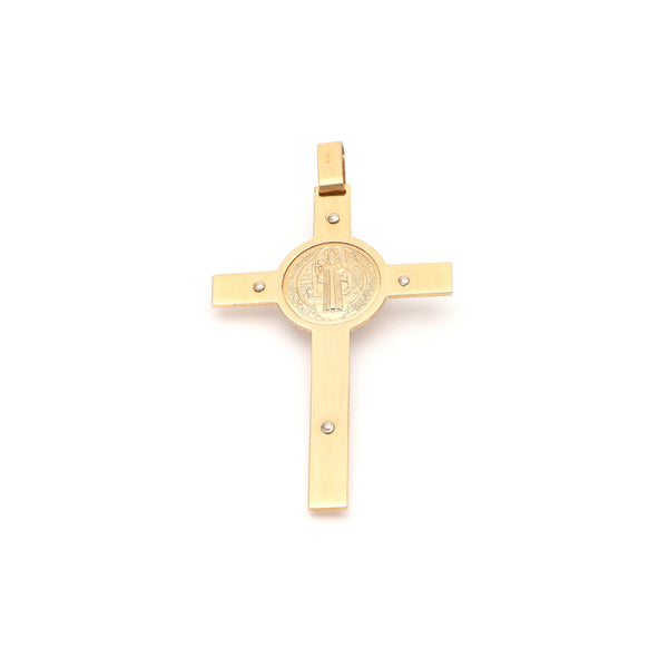 Crucifijo diseño especial motivo San Benito en oro dos tonos 14 kilates.