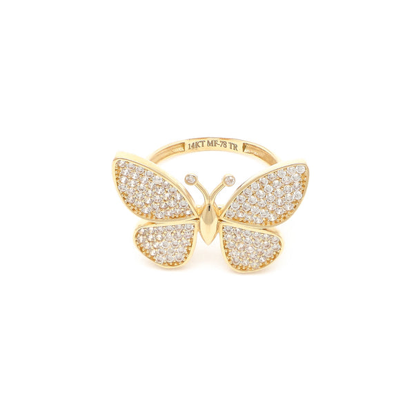 Anillo diseño especial con circonias motivo mariposa en oro amarillo 14 kilates.