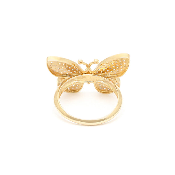 Anillo diseño especial con circonias motivo mariposa en oro amarillo 14 kilates.