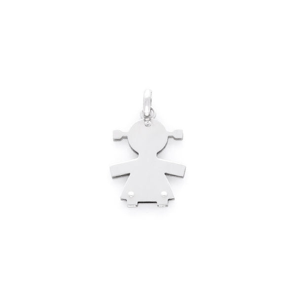 Dije diseño especial motivo niña en oro blanco 14 kilates.