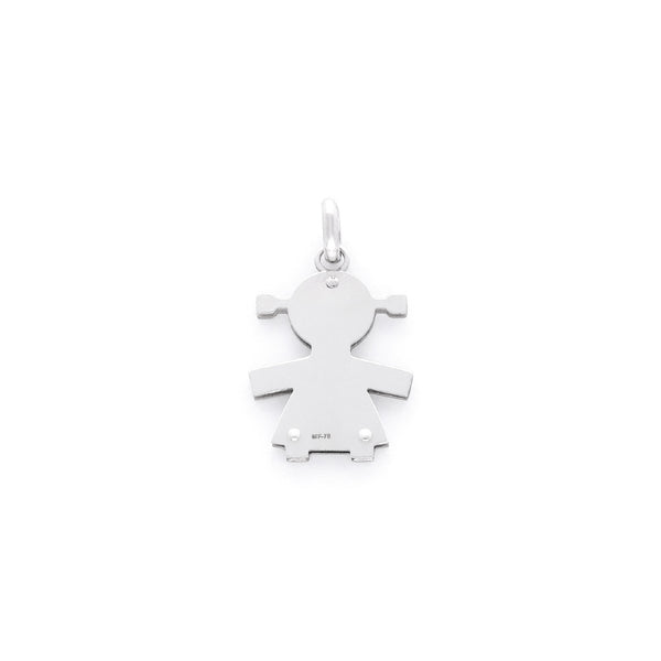 Dije diseño especial motivo niña en oro blanco 14 kilates.