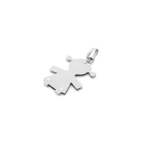 Dije diseño especial motivo niña en oro blanco 14 kilates.