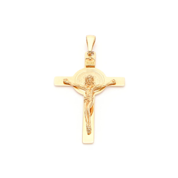 Crucifijo diseño especial motivo San Benito en oro amarillo 14 kilates.