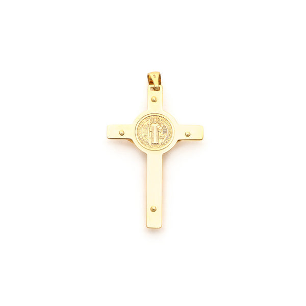 Crucifijo diseño especial motivo San Benito en oro amarillo 14 kilates.