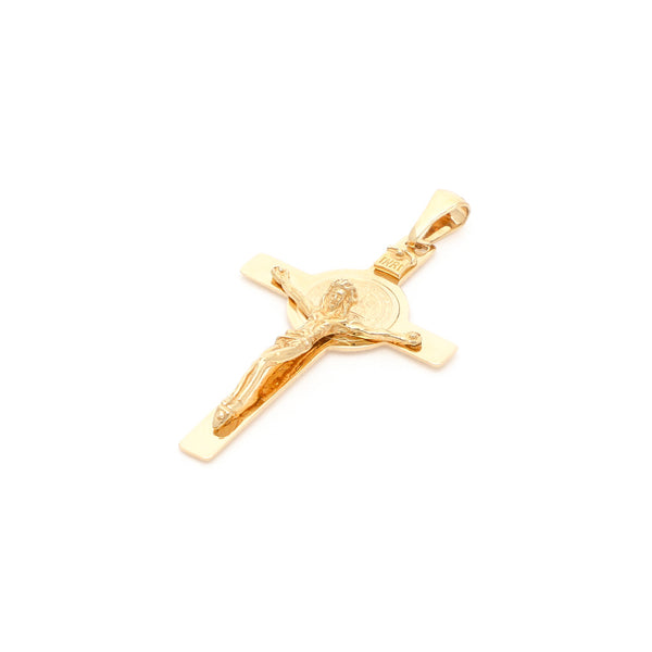 Crucifijo diseño especial motivo San Benito en oro amarillo 14 kilates.