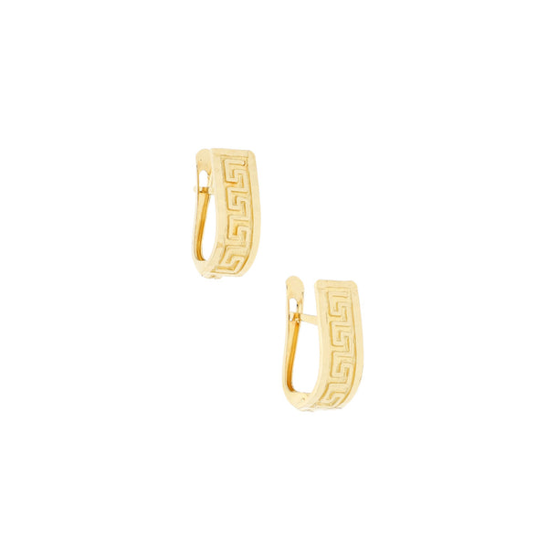 Aretes labrados motivo grecas en oro amarillo 14 kilates.