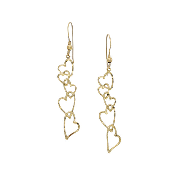 Aretes diseño especial motivo corazones en oro amarillo 14 kilates.