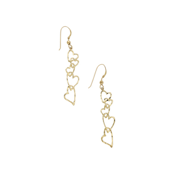 Aretes diseño especial motivo corazones en oro amarillo 14 kilates.