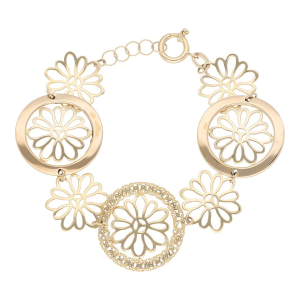 Pulsera eslabón articulado motivo flor en oro dos tonos 14 kilates.