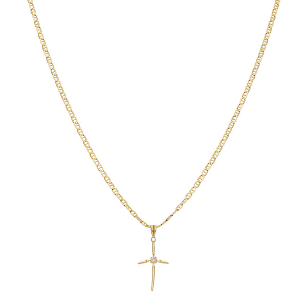 Collar eslabón nudo marino y cruz diseño especial con diamante en oro amarillo 14 kilates.