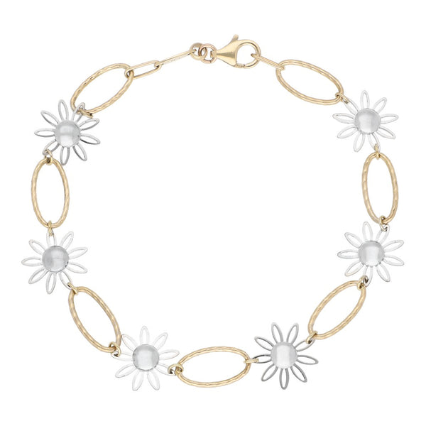Pulsera eslabón combinado motivo flor en oro dos tonos 14 kilates.