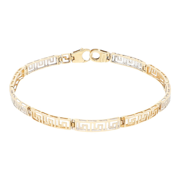 Pulsera eslabón calado platinado motivo grecas en oro amarillo 14 kilates.