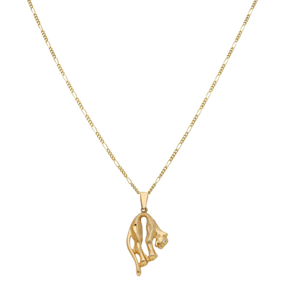 Collar de cuatro eslabones por uno y dije labrado con sintético motivo pantera en oro amarillo 14 kilates.
