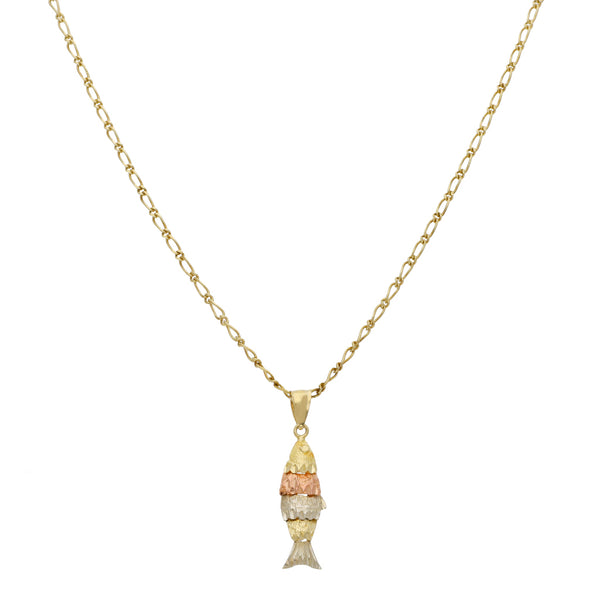 Collar eslabón combinado en oro amarillo 14 kilates y dije articulado motivo pescado en oro tres tonos 12 kilates.