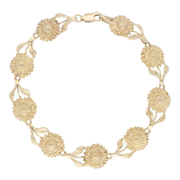 Pulsera eslabón articulado motivo flor en oro amarillo 14 kilates.