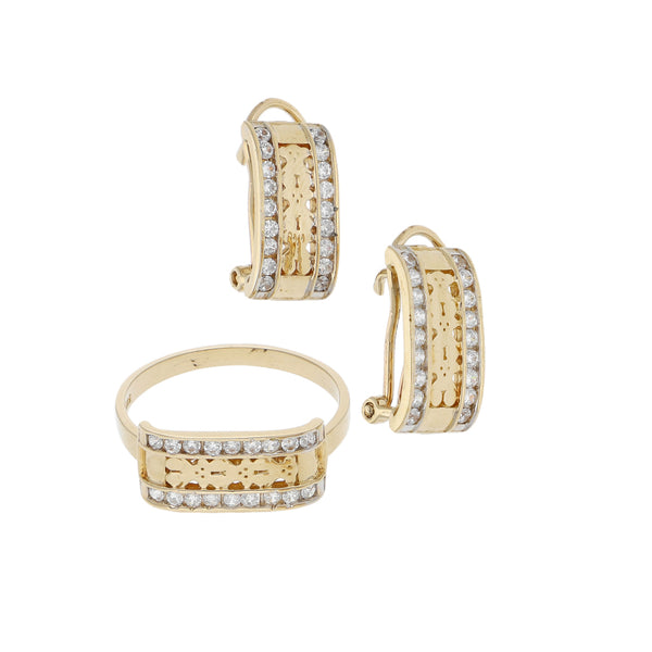 Juego de anillo y aretes diseño especial con sintéticos en oro amarillo 14 kilates.