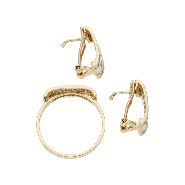 Juego de anillo y aretes diseño especial con sintéticos en oro amarillo 14 kilates.