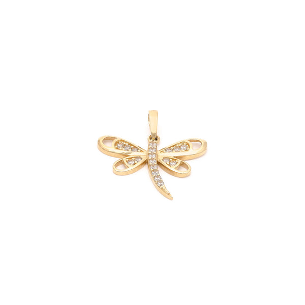 Dije diseño especial motivo libélula con circonias en oro amarillo 14 kilates.