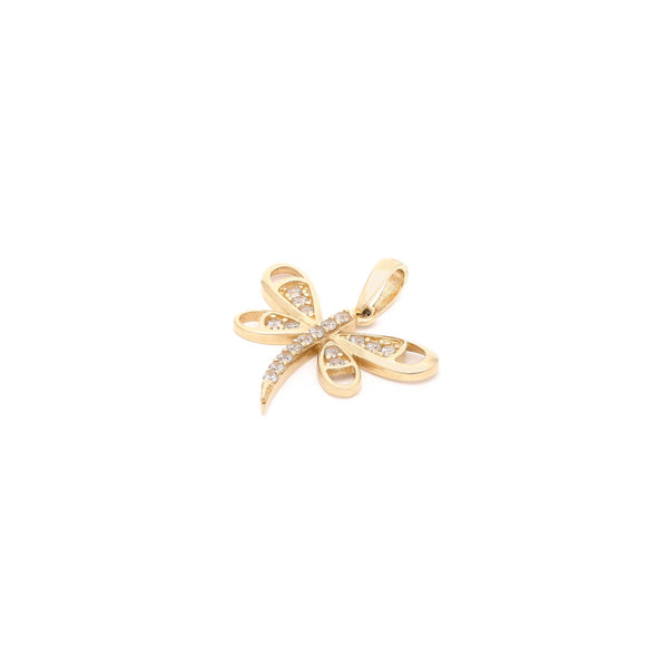Dije diseño especial motivo libélula con circonias en oro amarillo 14 kilates.