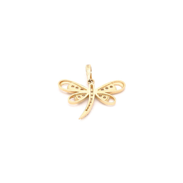Dije diseño especial motivo libélula con circonias en oro amarillo 14 kilates.
