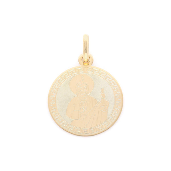 Medalla labrada motivo San Judas Tadeo en oro amarillo 14 kilates.