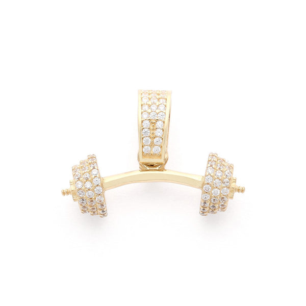 Dije diseño especial motivo pesas con circonias en oro amarillo 14 kilates.