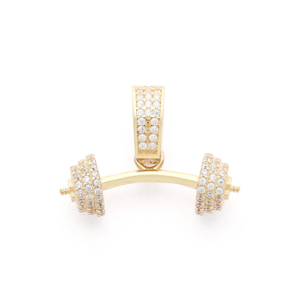 Dije diseño especial motivo pesas con circonias en oro amarillo 14 kilates.