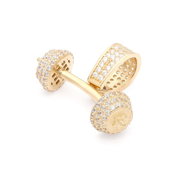 Dije diseño especial motivo pesas con circonias en oro amarillo 14 kilates.